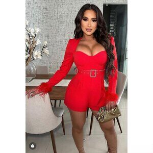 NWT Blithe LA Feather Trim Sweetheart Neckline Belted Romper Party Red New Small